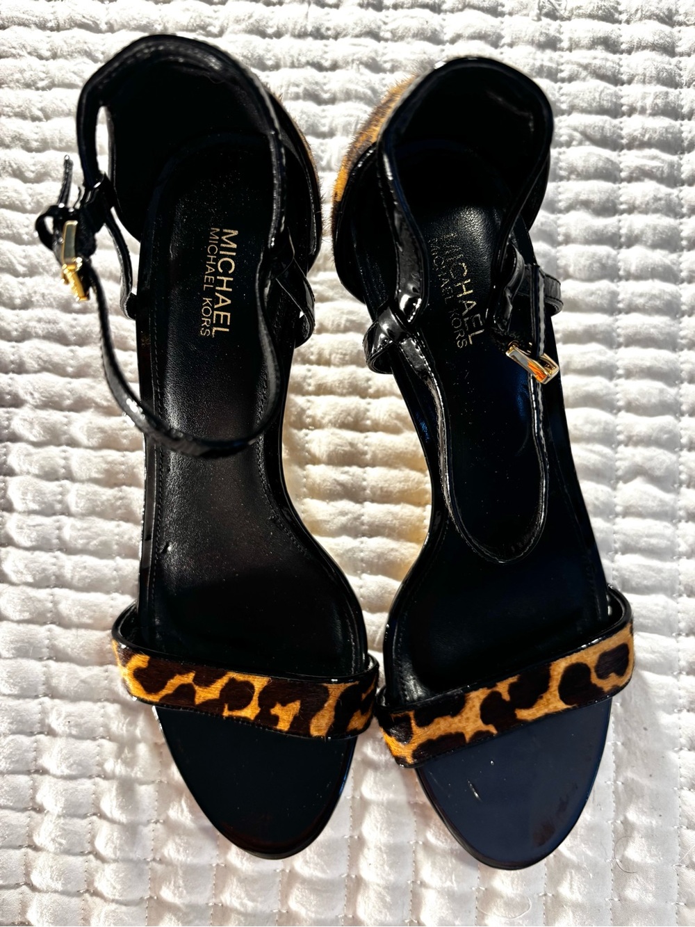 MICHAEL Michael Kors Black Leather Heels with Leopard Print Strap